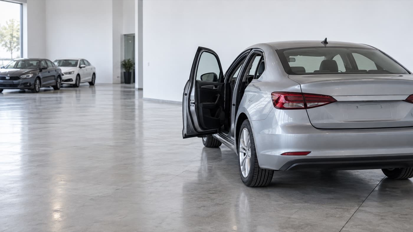 Auto seminuevo recién recibido en el piso de una agencia
